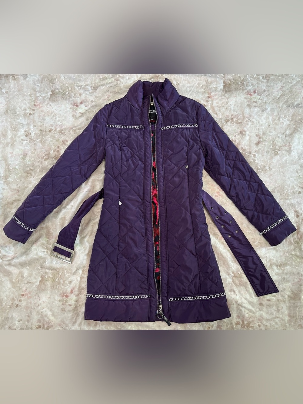Just Cavalli Purple Quilted Belted Long Puffer Coat - Picture 3 of 12